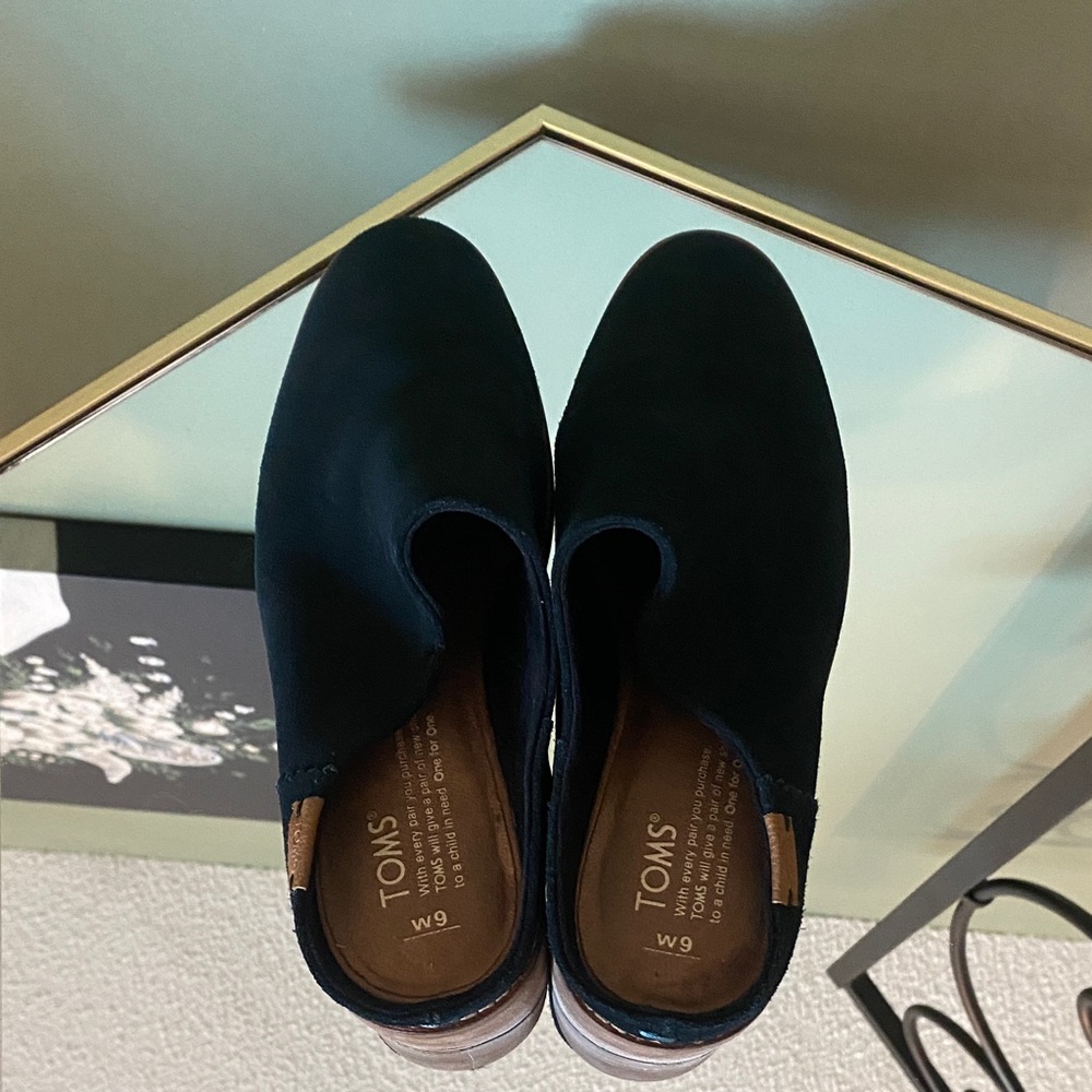 TOMS Black Suede Clogs with Wooden Heel - Picture 5 of 9